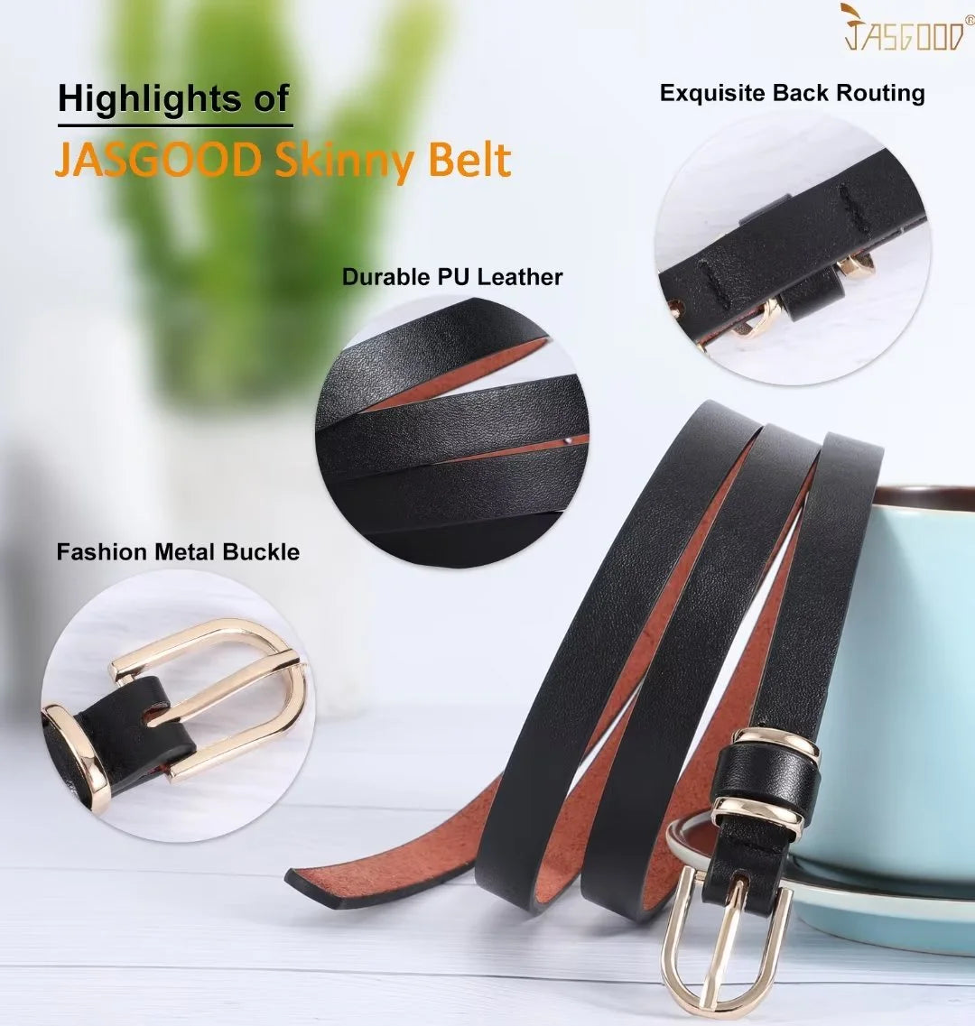 Women Skinny Leather Belts Thin Black and Coffee Belt for Pants Jeans Dresses